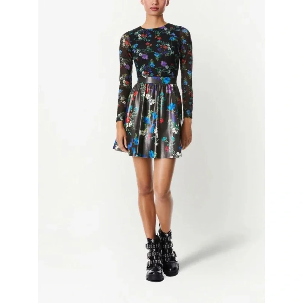 Alice + Olivia Faux Leather Mesh Long Sleeve Black Floral Mini Dress NWT Blooms - Picture 3 of 8